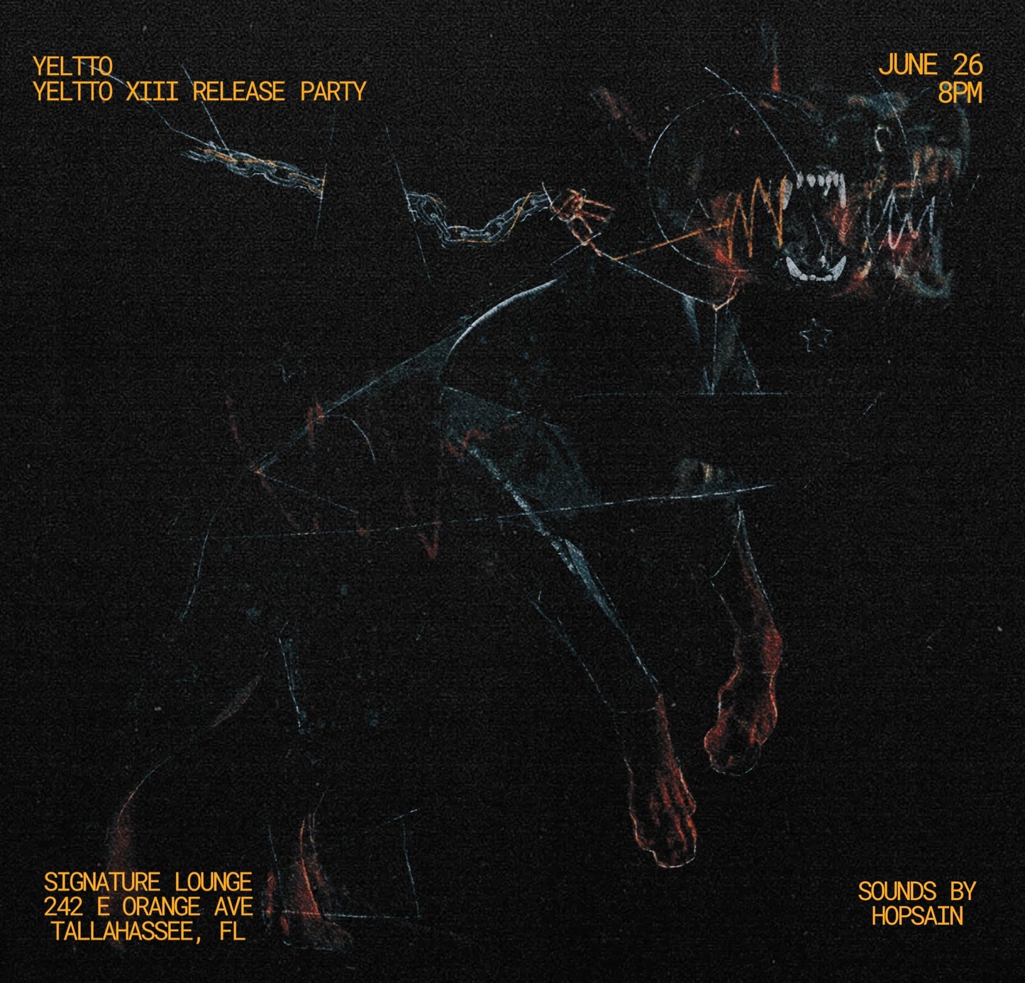 Promotional graphic for a Yeltto XIII release party with abstract design and text.